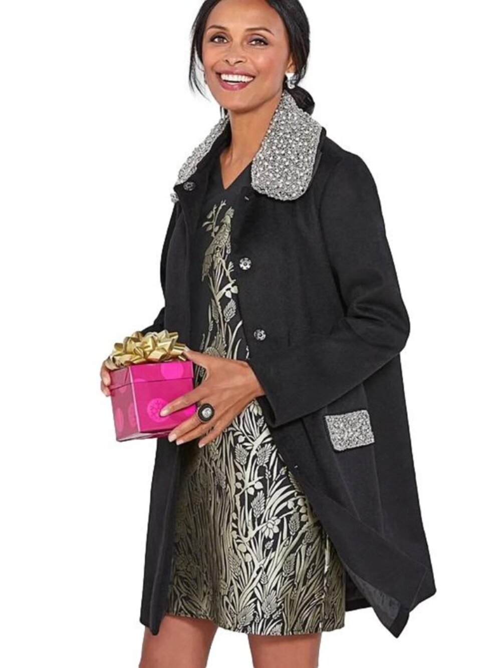 Colleen Lopez Opulence Embellished Wool Coat Black Sizes XXS, S, M NEW